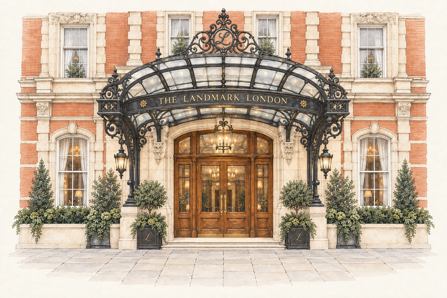 Watercolour illustration of The Landmark London’s ornate entrance canopy and red-brick façade