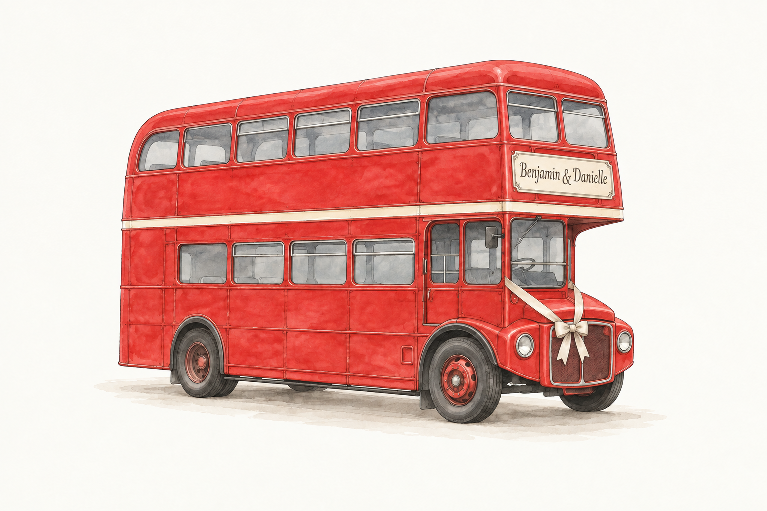 Watercolour of our vintage red London wedding bus